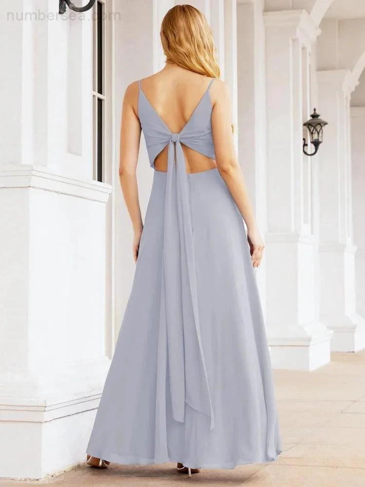 Numbersea Spaghetti Strap Bridesmaid Dresses V Neck Butterfly Back Fromal Evening Party Prom Gown 28036