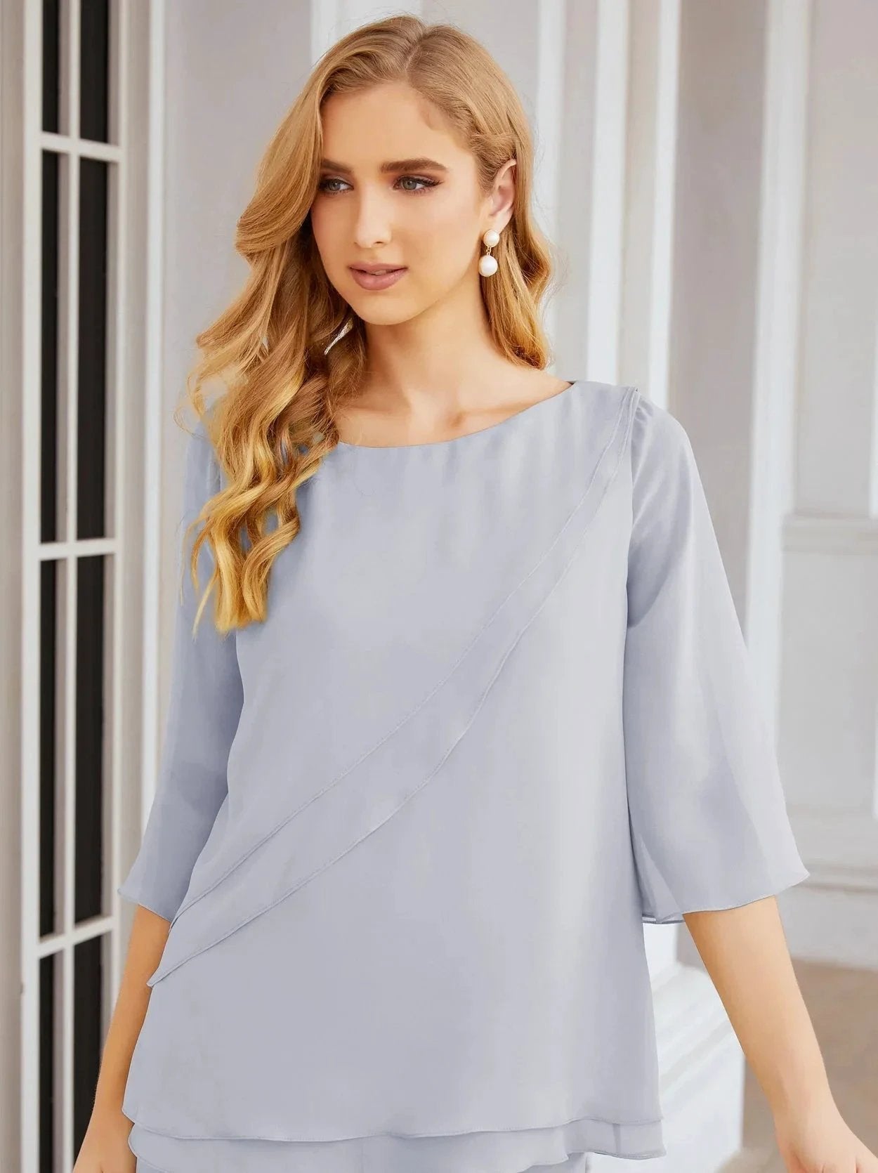 Sunnderly Elegant 2 Piece Mother of The Bride Dress Plus Size Pant Suits Ruffle Layers Sliver Housecoat SY28064