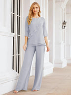 Sunnderly Elegant 2 Piece Mother of The Bride Dress Plus Size Pant Suits Ruffle Layers Sliver Housecoat SY28064