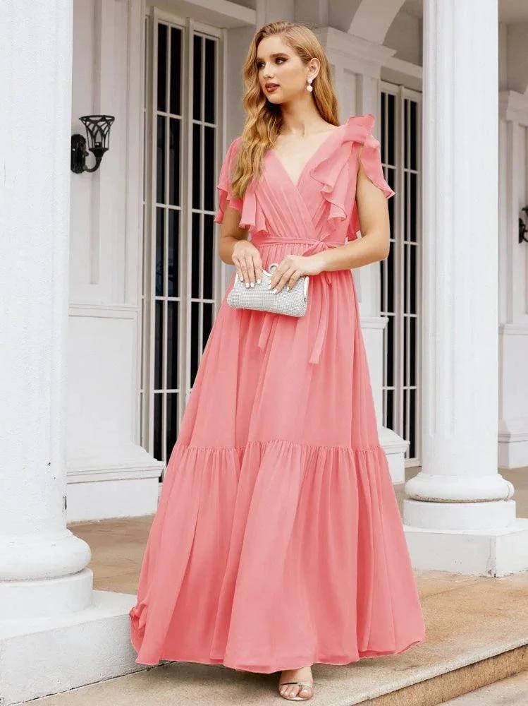 Numbersea Women's Open Back Formal Evening Party Prom Gowns V-Neck Long Chiffon Bridesmaid Dresses with Waist Belt 28038