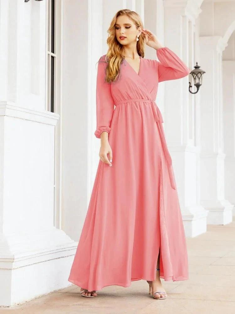 Sunnderly Women's Chiffon Bridesmaid Dress A line Long Sleeves Formal Evening Prom Gown for Wedding Guest SY28032