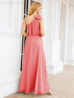 Numbersea Chiffon Ruffled One Shoulder Sleeveless Long Bride Dresses A-line Formal Evening Gown Side Split 28057