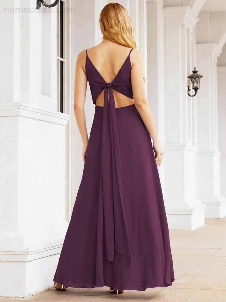 Numbersea Spaghetti Strap Bridesmaid Dresses V Neck Butterfly Back Fromal Evening Party Prom Gown 28036