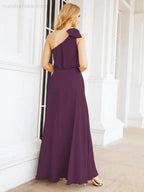 Numbersea Chiffon Ruffled One Shoulder Sleeveless Long Bride Dresses A-line Formal Evening Gown Side Split 28057