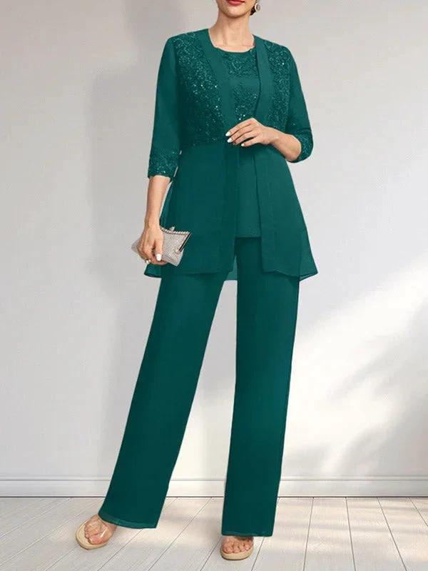 Jumpsuit/Pantsuit Separates Scoop Floor-Length Chiffon Lace Mother of the Bride Dress With Sequins