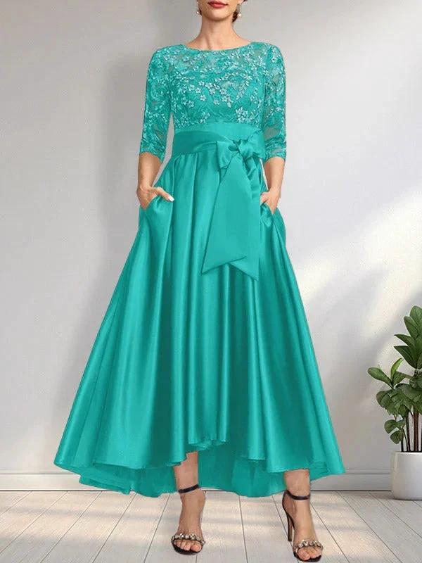 A-line Scoop Illusion Asymmetrical Satin Lace Mother of the Bride Dress With Bow