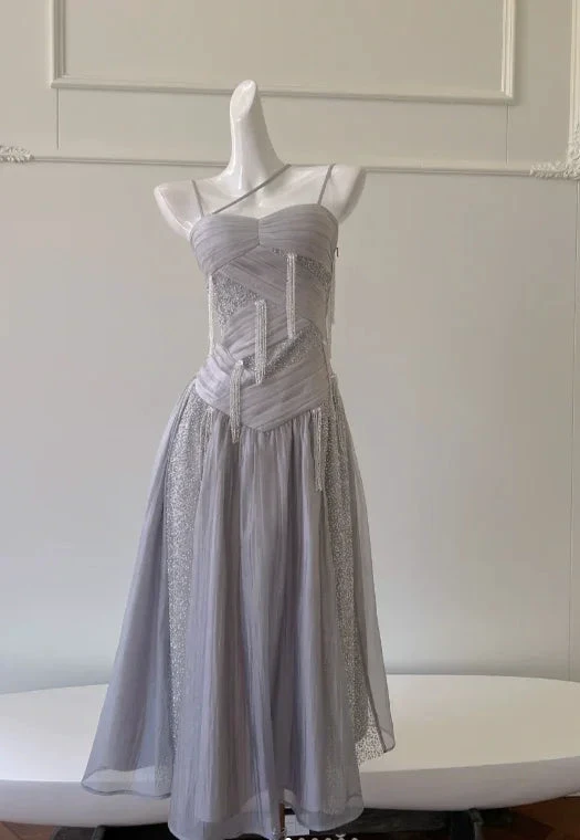 Classy Purple Sequins Tulle Beaded Tassel Prom Dress A Line Evening Dress Y8586