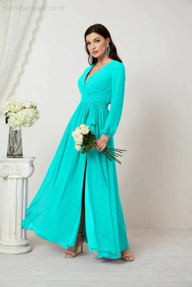 Sunnderly Evening Dresses Deep V-Neck Chiffon Bridesmaid Dresses Long Bishop Sleeve Side Split Formal Dress SY2806