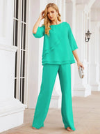 Sunnderly Elegant 2 Piece Mother of The Bride Dress Plus Size Pant Suits Ruffle Layers Sliver Housecoat SY28064