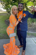 Orange Long V-Neck Lace Mermaid Prom Dress with Sleeves