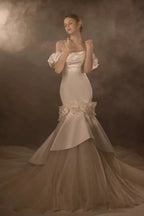 Gorgeous Long Mermaid Off-the-Shoulder Puff Sleeve Satin Wedding Dress with 3D Flower & Lace-Up Back & Tulle Train Q6012