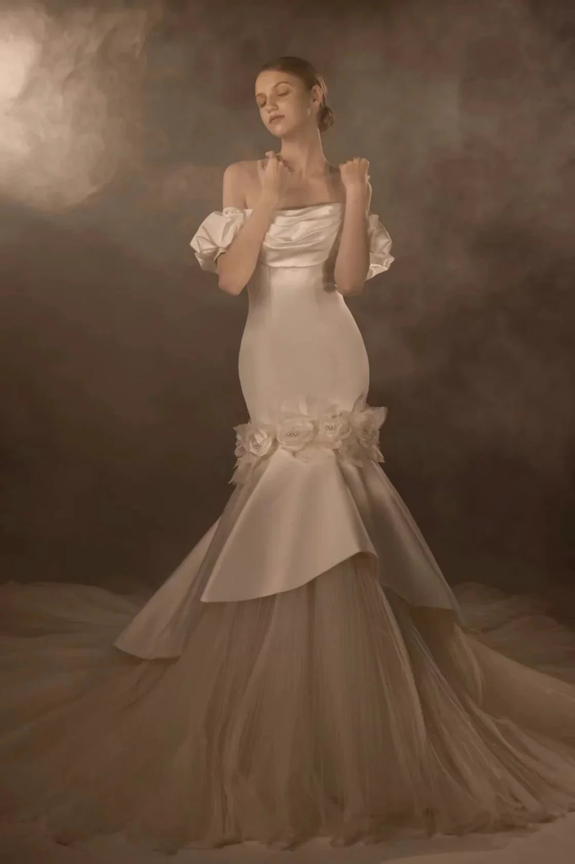 Gorgeous Long Mermaid Off-the-Shoulder Puff Sleeve Satin Wedding Dress with 3D Flower & Lace-Up Back & Tulle Train Q6012