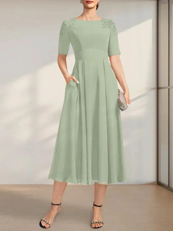 A-line Scoop Tea-Length Chiffon Mother of the Bride Dress With Appliques Lace Sequins