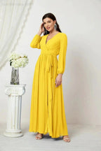 Sunnderly Evening Dresses Deep V-Neck Chiffon Bridesmaid Dresses Long Bishop Sleeve Side Split Formal Dress SY2806