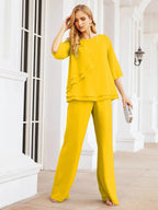 Sunnderly Elegant 2 Piece Mother of The Bride Dress Plus Size Pant Suits Ruffle Layers Sliver Housecoat SY28064