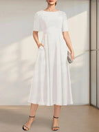 A-line Scoop Tea-Length Chiffon Mother of the Bride Dress With Appliques Lace Sequins