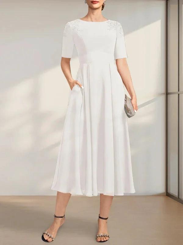 A-line Scoop Tea-Length Chiffon Mother of the Bride Dress With Appliques Lace Sequins