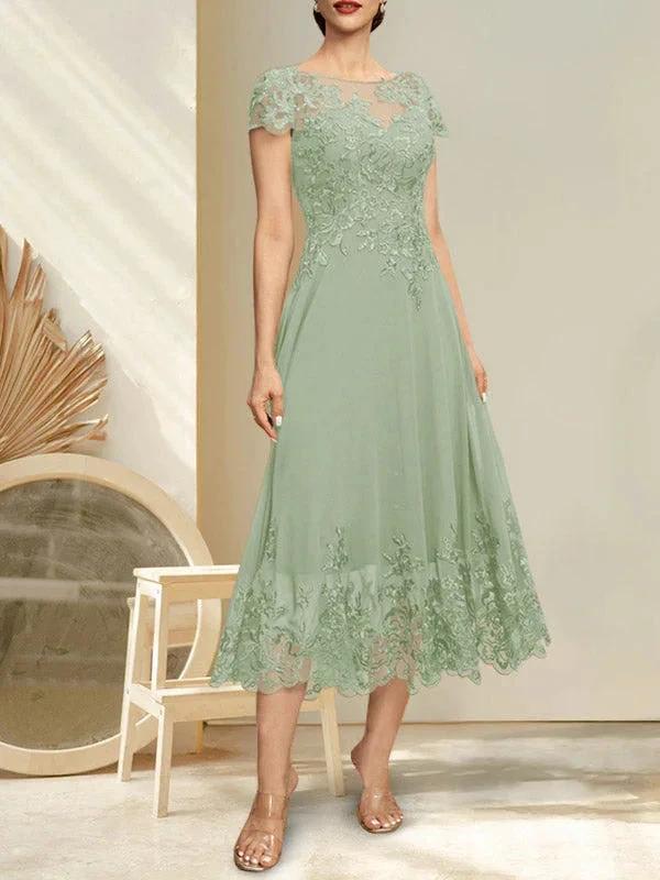 A-line Illusion Scoop Tea-Length Lace Chiffon Mother of the Bride Dress With Sequins