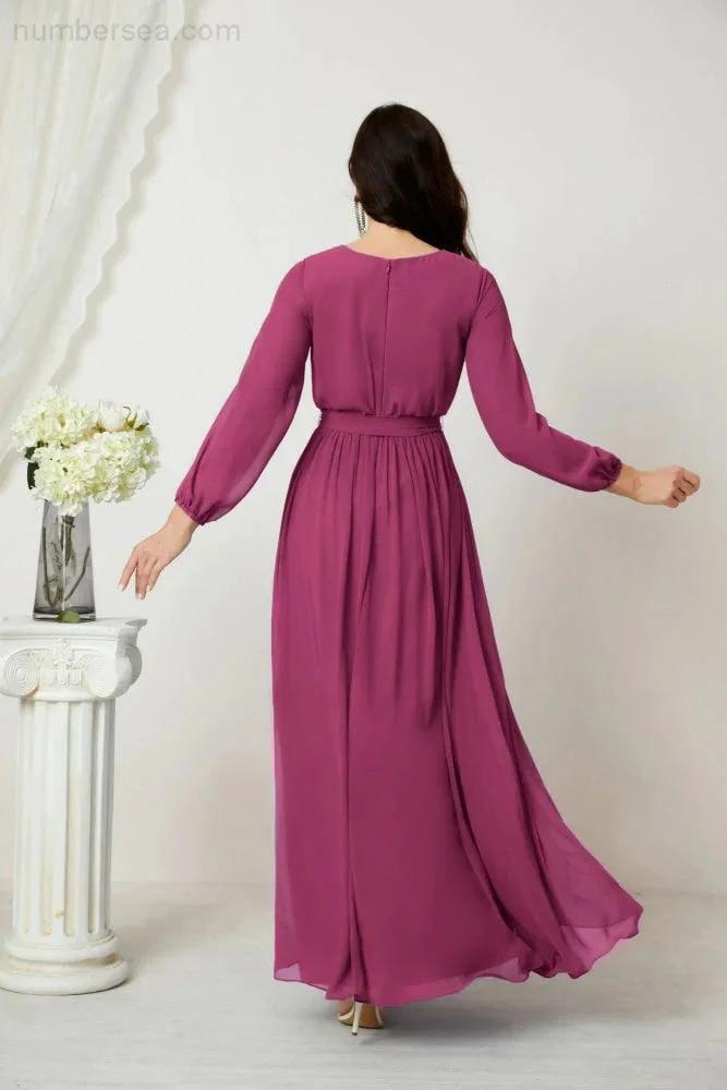 Sunnderly Evening Dresses Deep V-Neck Chiffon Bridesmaid Dresses Long Bishop Sleeve Side Split Formal Dress SY2806