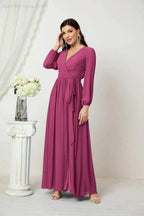 Sunnderly Evening Dresses Deep V-Neck Chiffon Bridesmaid Dresses Long Bishop Sleeve Side Split Formal Dress SY2806