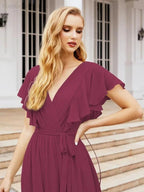 Numbersea Women's Open Back Formal Evening Party Prom Gowns V-Neck Long Chiffon Bridesmaid Dresses with Waist Belt 28038