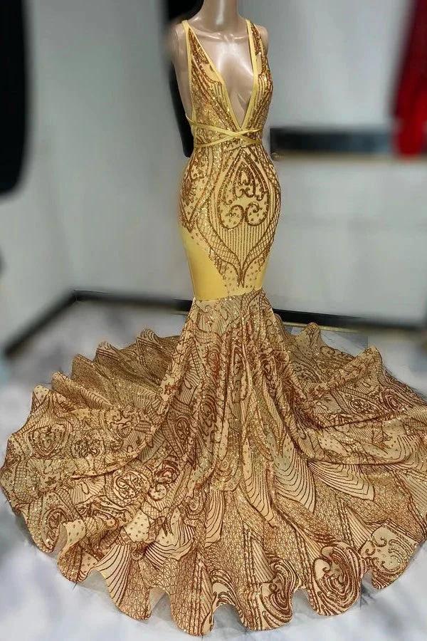 Off The Shoulder Sleeveless Dark Gold Sequins Prom Dress with Appliques V Neck
