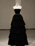Chic Black A-line Layered Evening Dress Black Strapless Evening Gown Y4378