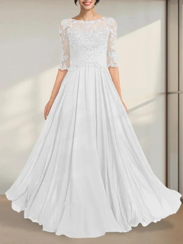 A-line Scoop Illusion Floor-Length Chiffon Lace Mother of the Bride Dress With Pleated Sequins