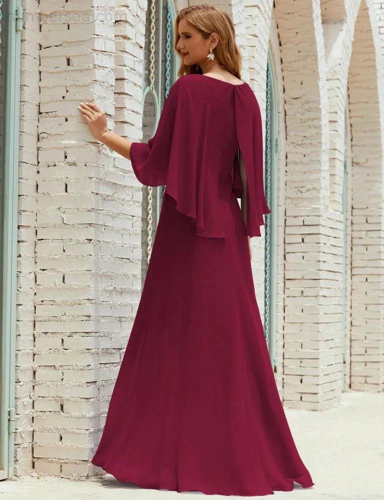 Sunnderly  Bridesmaid Dress Women Long Sleeve V-Neck Chiffon Formal Wedding Party Dress SY28018