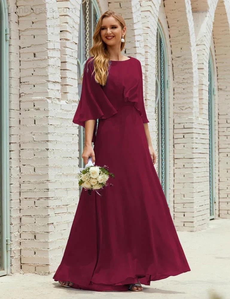 Sunnderly  Bridesmaid Dress Women Long Sleeve V-Neck Chiffon Formal Wedding Party Dress SY28018