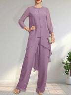 Separates Jumpsuit/Pantsuit Scoop Floor-Length Chiffon Mother of the Bride Dress With Sequins Beading