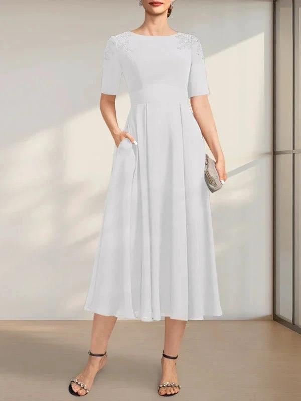 A-line Scoop Tea-Length Chiffon Mother of the Bride Dress With Appliques Lace Sequins