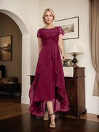 A-line Scoop Illusion Asymmetrical Chiffon Lace Mother of the Bride Dress With Bow Ruffle Sequins