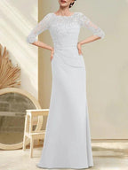 A-line Scoop Floor-Length Chiffon Lace Mother of the Bride Dress With Beading Pleated Sequins