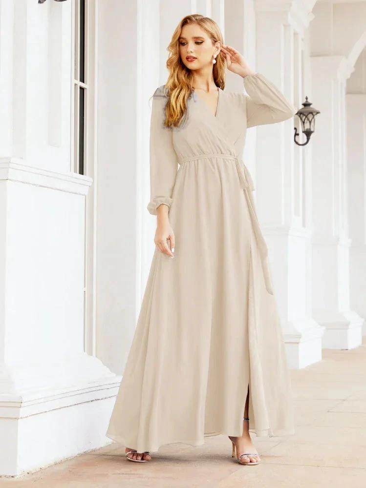 Sunnderly Women's Chiffon Bridesmaid Dress A line Long Sleeves Formal Evening Prom Gown for Wedding Guest SY28032