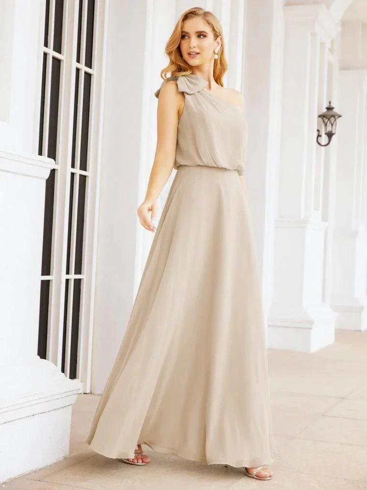 Numbersea Chiffon Ruffled One Shoulder Sleeveless Long Bride Dresses A-line Formal Evening Gown Side Split 28057