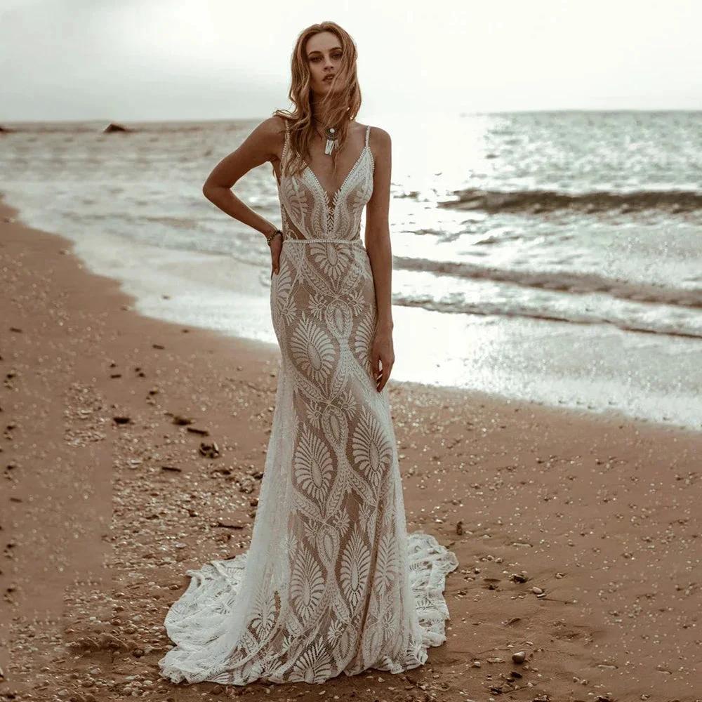 Sexy Lace V Neck Beach Mermaid Wedding Dresses 2023 Spaghetti Straps Sleeveless Bridal Dresses Backless Vestidos De Novia