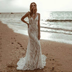 Sexy Lace V Neck Beach Mermaid Wedding Dresses 2023 Spaghetti Straps Sleeveless Bridal Dresses Backless Vestidos De Novia
