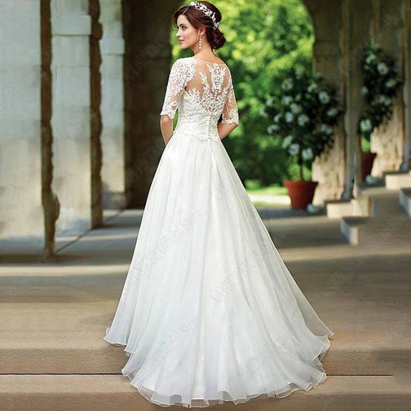 Lace Half Sleeves Wedding Dress For Bridal Illusion Appliques Buttons Back robe de mariée grande taille Custom Made