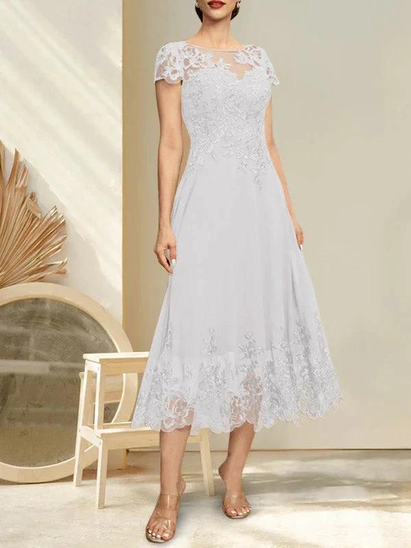 A-line Illusion Scoop Tea-Length Lace Chiffon Mother of the Bride Dress With Sequins