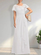 A-line Asymmetrical Illusion Floor-Length Lace Chiffon Mother of the Bride Dress With Cascading Ruffles Sequins