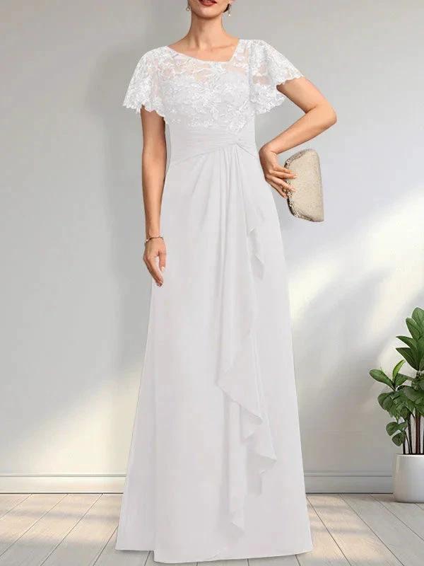 A-line Asymmetrical Illusion Floor-Length Lace Chiffon Mother of the Bride Dress With Cascading Ruffles Sequins
