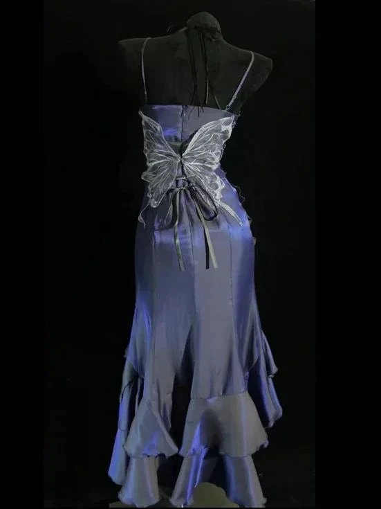 Unique Purple Mermaid 3D Flowers Evening Dress Spaghetti Straps Prom Dress Y8347