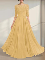 A-line Scoop Illusion Floor-Length Chiffon Lace Mother of the Bride Dress With Pleated Sequins