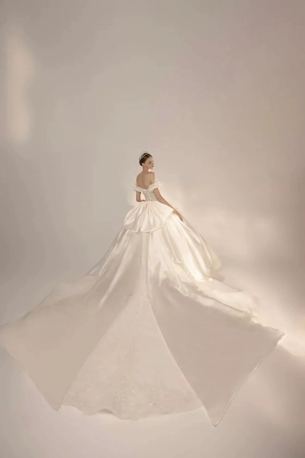 Opulent Ball Gown Off-the-Shoulder Satin Wedding Dress with Sequin Embroidery & Dramatic Train Q6018