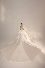 Opulent Ball Gown Off-the-Shoulder Satin Wedding Dress with Sequin Embroidery & Dramatic Train Q6018