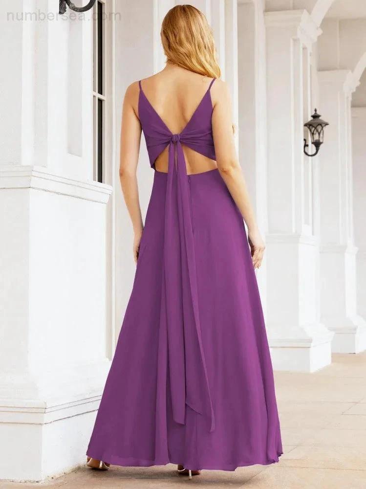 Numbersea Spaghetti Strap Bridesmaid Dresses V Neck Butterfly Back Fromal Evening Party Prom Gown 28036