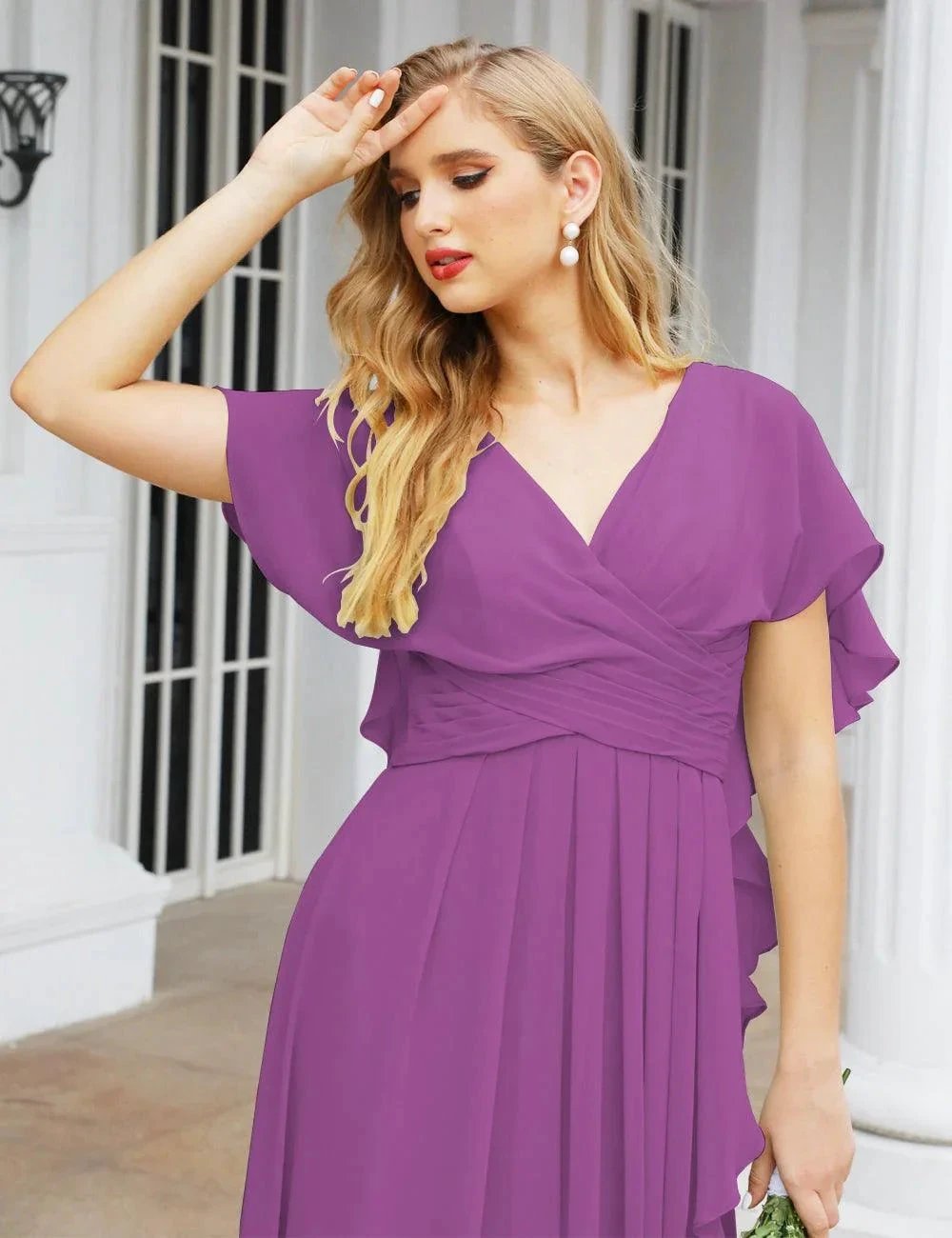 Numbersea Chiffon Bridesmaid Dresses Long Formal Evening Prom Mother of The Bride Dress with Flutter Sleeve     SEA28040