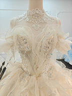 Exquisite High-Neck Tulle Ball Gown Wedding Dress with Crystal Embroidery & Ruffled Detachable Sleeves Ye-2022