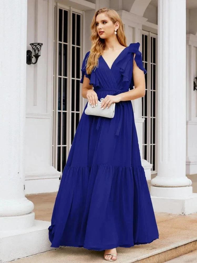 Numbersea Women's Open Back Formal Evening Party Prom Gowns V-Neck Long Chiffon Bridesmaid Dresses with Waist Belt 28038